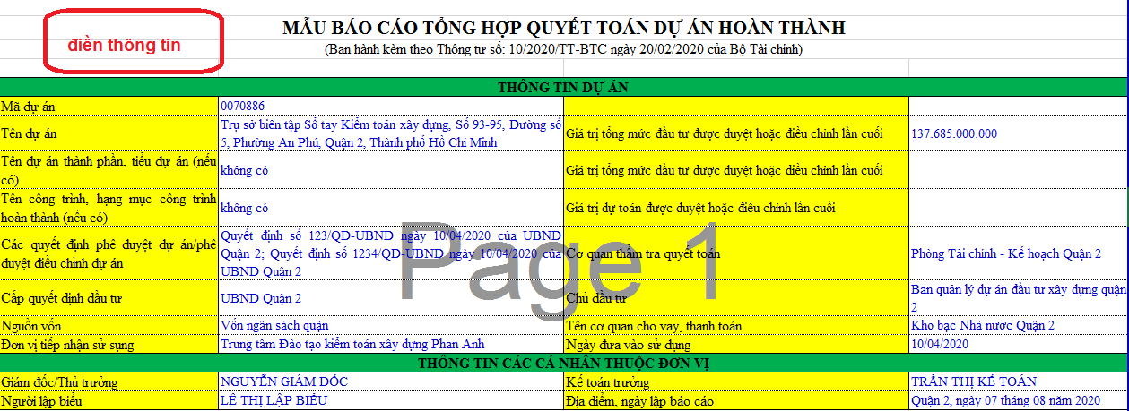 mẫu báo cáo quyết toán dự án