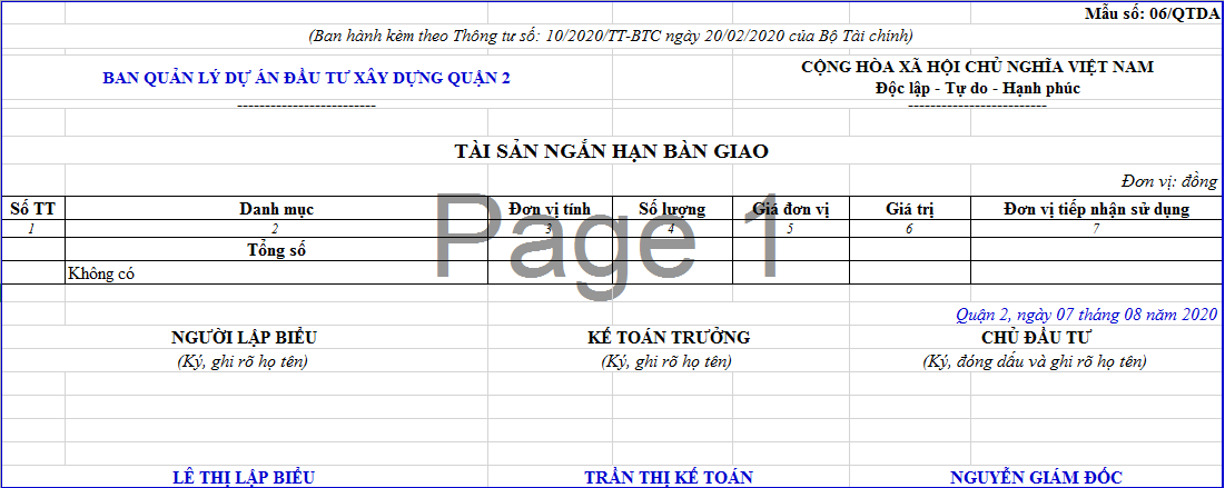 mẫu báo cáo quyết toán dự án