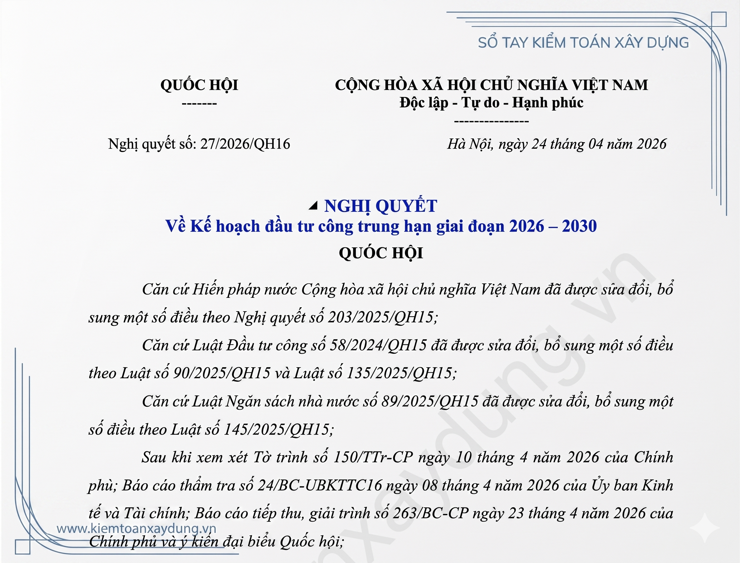 40-so-tay-kiem-toan-xay-dung-nghi-quyet-27-2026-qh16-ke-hoach-dau-tu-cong-trung-han-2026-2030